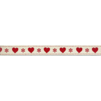Cream Christmas Ribbon with Red Hearts and Snowflakes